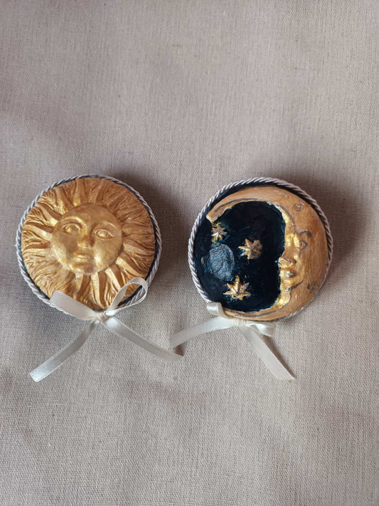 Handmade clay pebble- Medieval Moon and Sun (2pc)