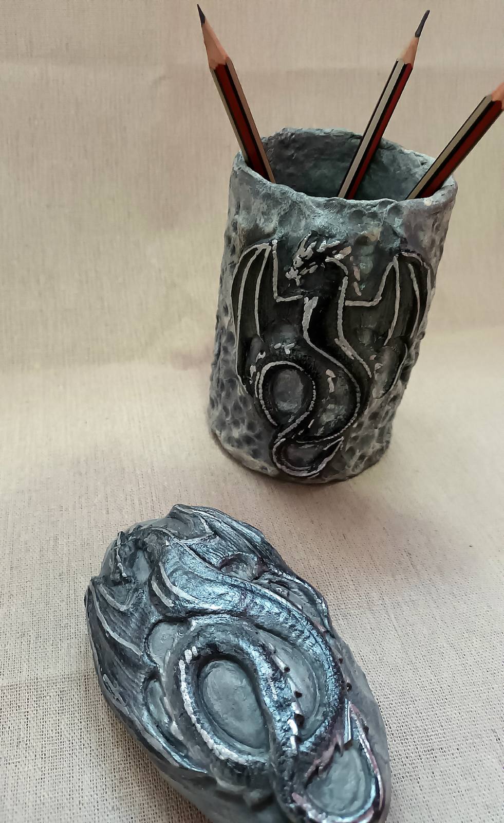Handmade clay Dragon penholder and pebble-Grey Dragon (set of 2)
