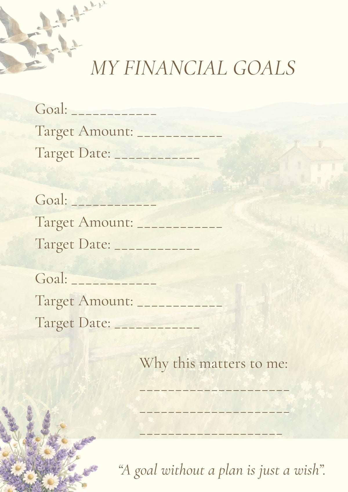 Cottage Garden Budget Planner - instant download