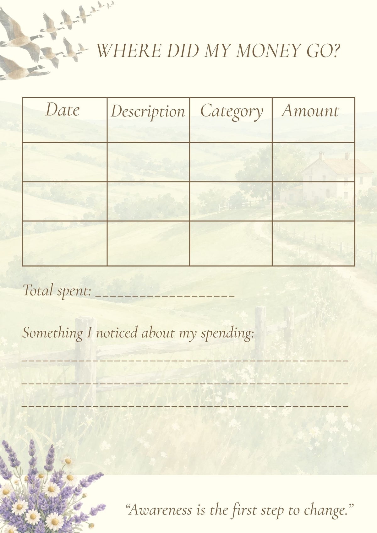 Cottage Garden Budget Planner - instant download