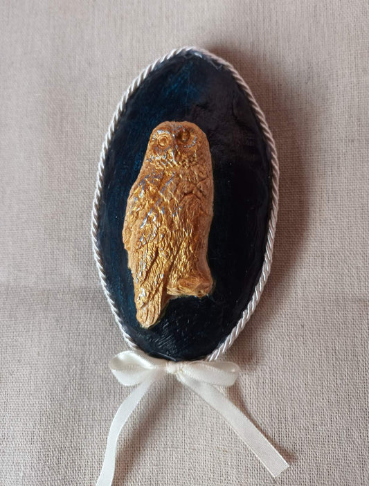 Handmade clay pebble-royal blue owl