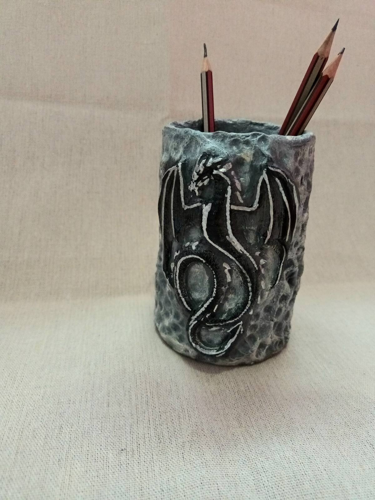 Handmade clay Dragon penholder-Grey Dragon