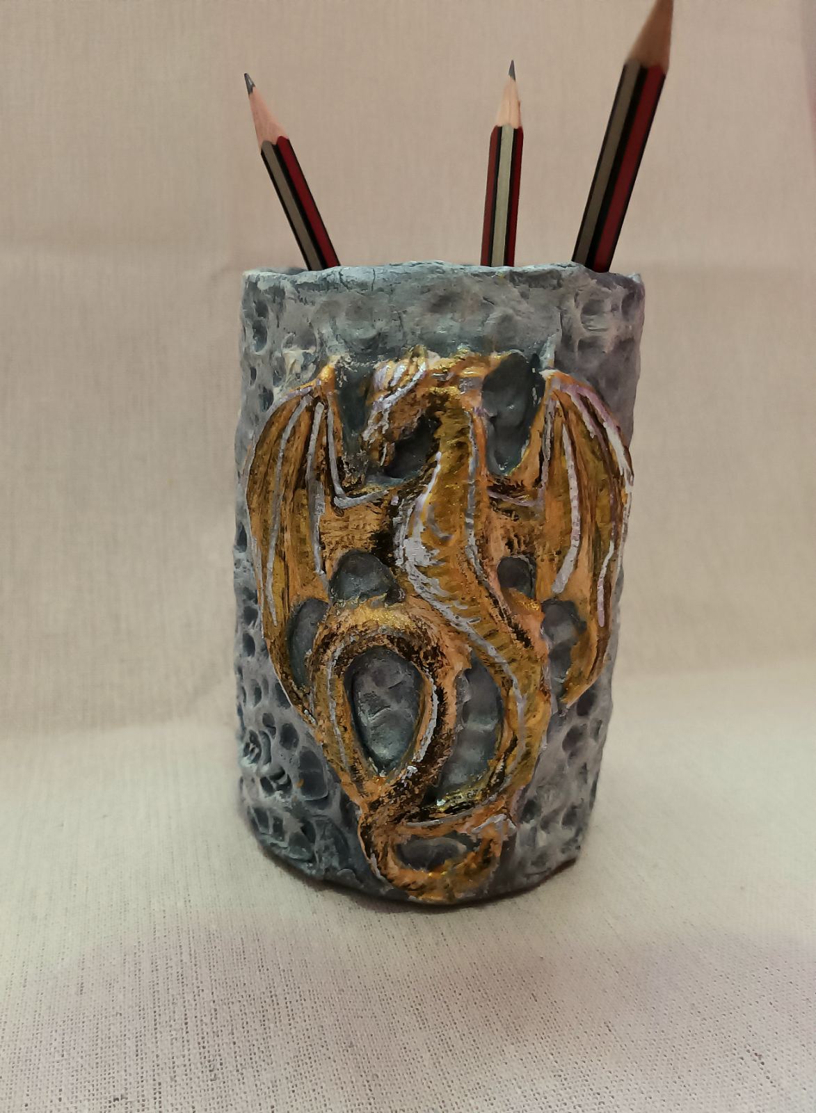 Handmade clay Dragon penholder-Golden Dragon