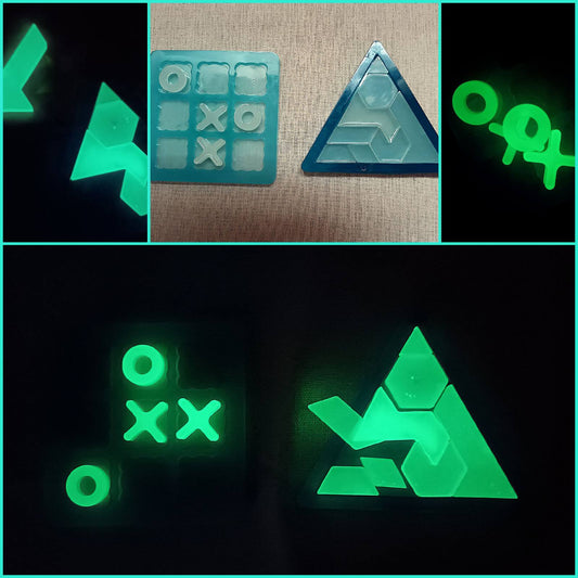 Handmade Glass Tangram & Tic Tac Toe- Glow in the dark (set of 2)