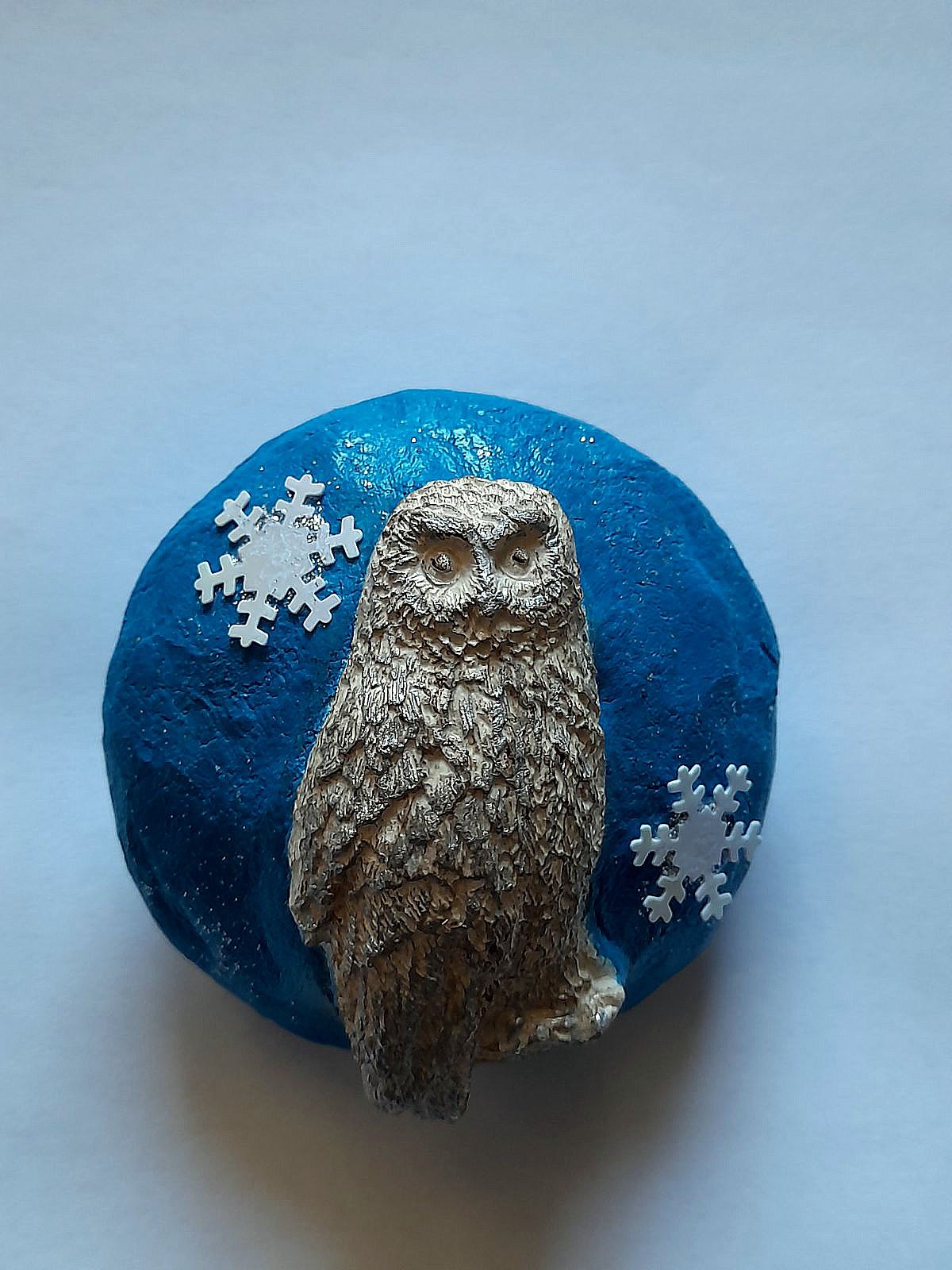 Handmade clay pebble- owl snowflake