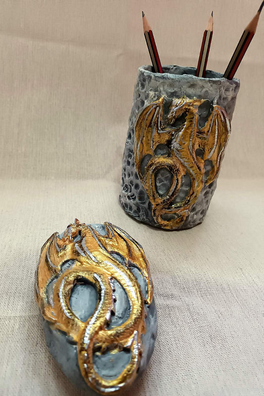 Handmade clay Dragon penholder and pebble-Golden Dragon (set of 2)