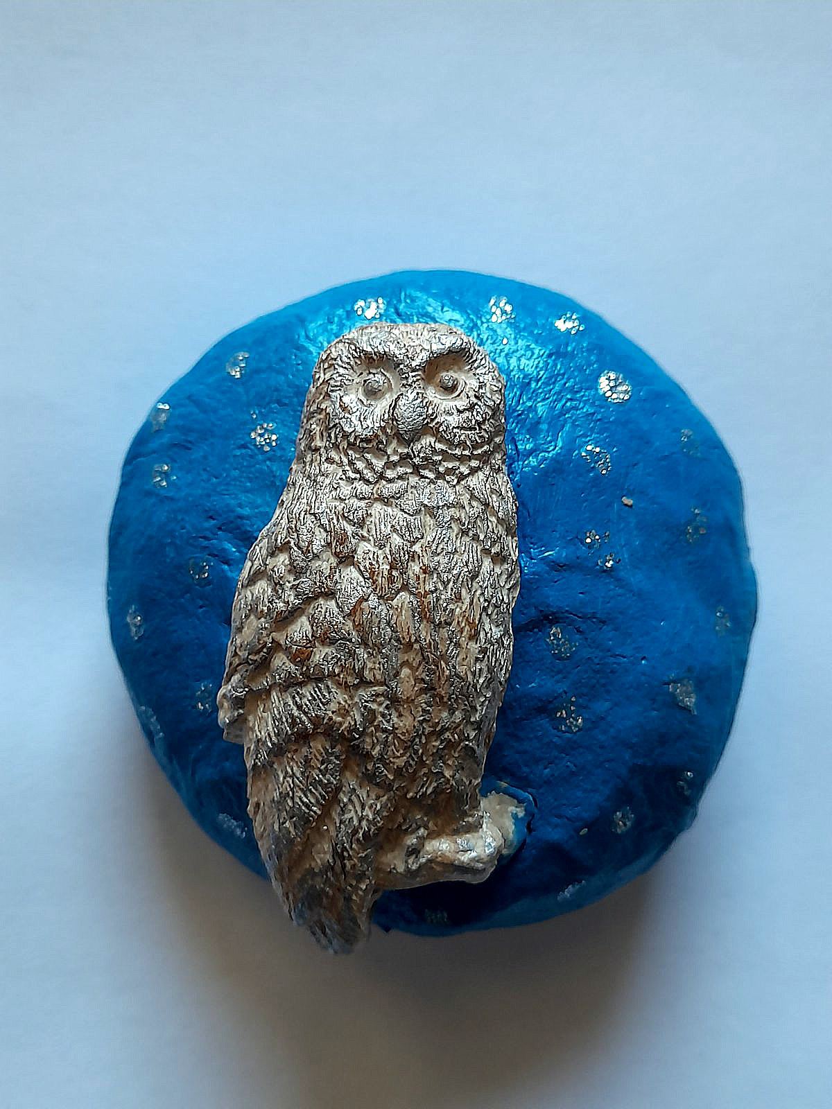 Handmade clay pebble- winter owl