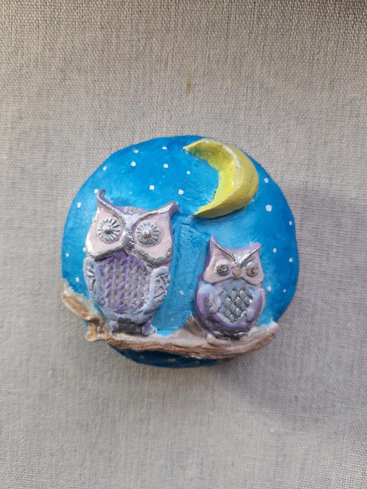 Handmade clay pebble- owls